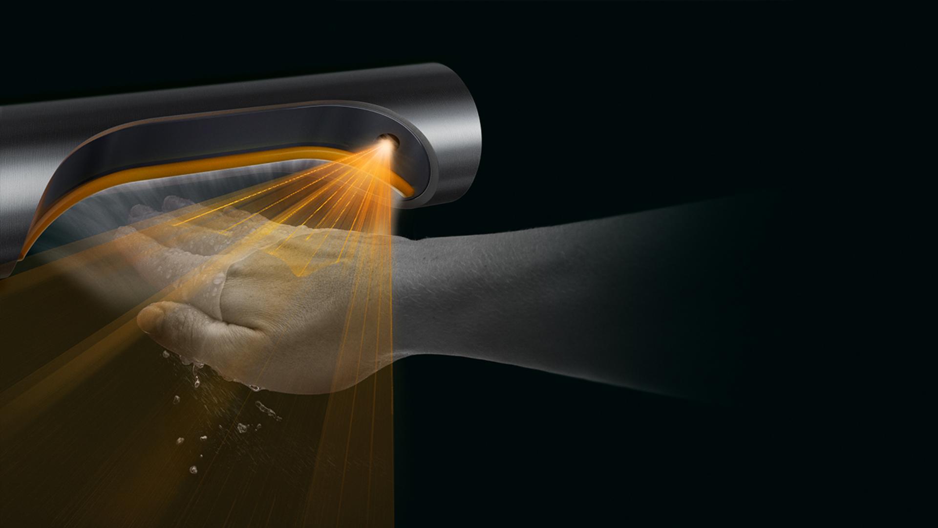 Dyson Airblade™ 9kJ干手器配有红外“飞行时间测距”传感器，可以在0.25秒内准确检测到双手，无需接触机器，就可以激活HEPA高效过滤装置净化后的空气，为用户提供理想的干手体验。