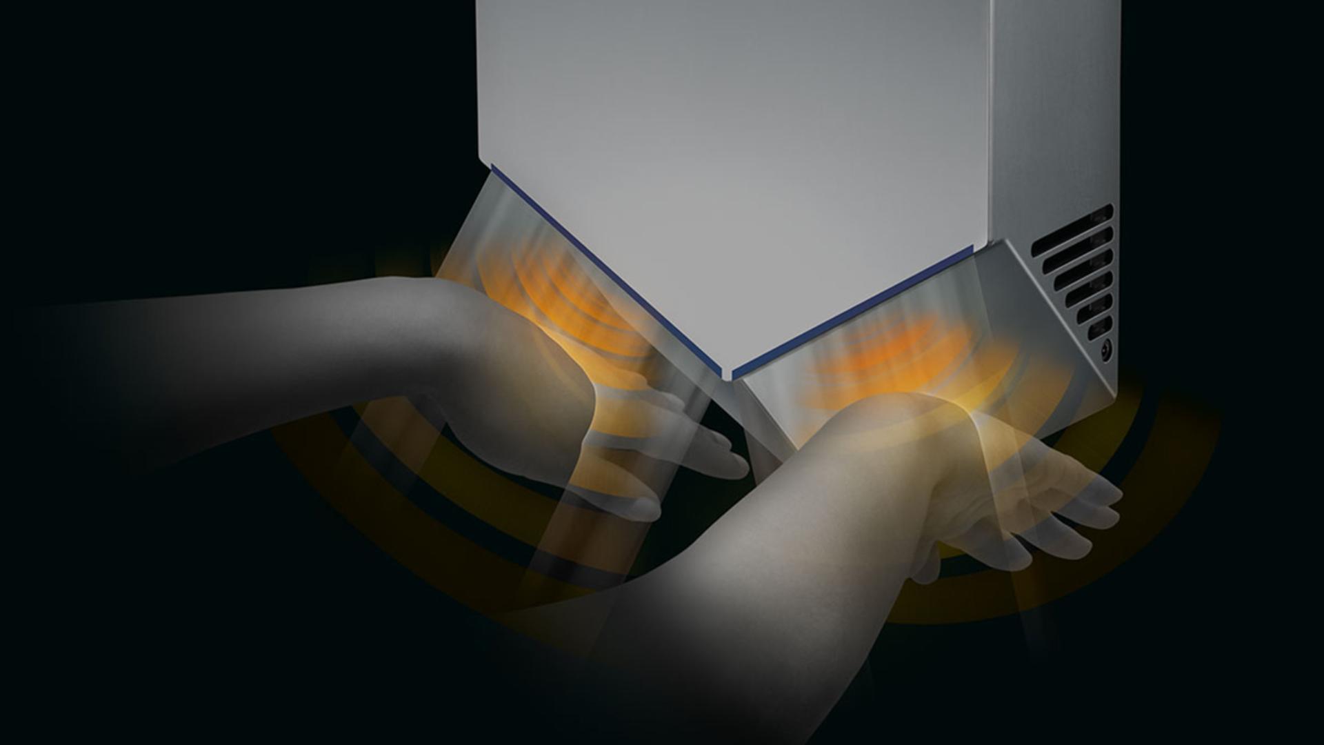 Dyson Airblade™ V干手器配备电容式传感器，当手进入感应区域时，会自动打开和关闭经过HEPA高效过滤装置净化的气流。